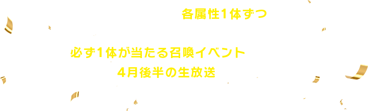 対象のキャラクターの中から、各属性1体ずつ投票しよう!各属性の得票数上位5体(計25体)のキャラクターのうち必ず1体が当たる召喚イベントを後日開催。結果は4月後半の生放送にて発表予定!